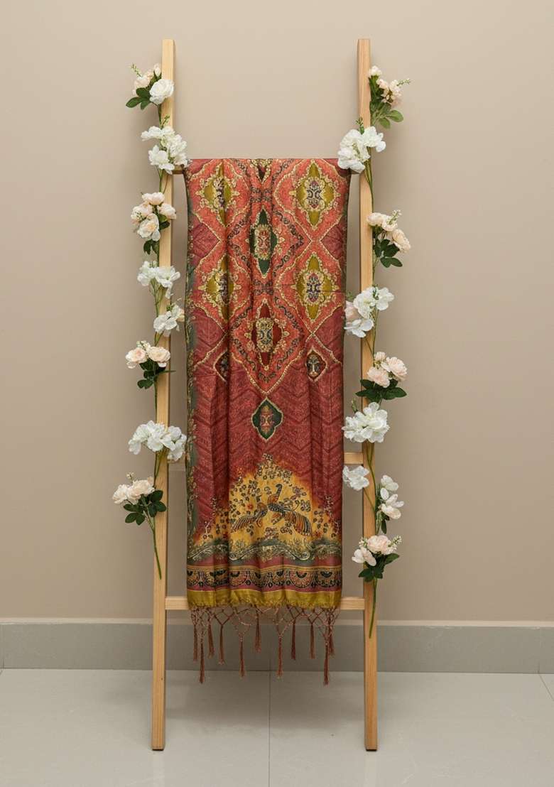 Multi Color Digital Print Silk Dupatta - Indya