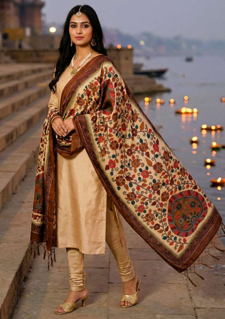 Multi Color Digital Print Silk Dupatta - Indya