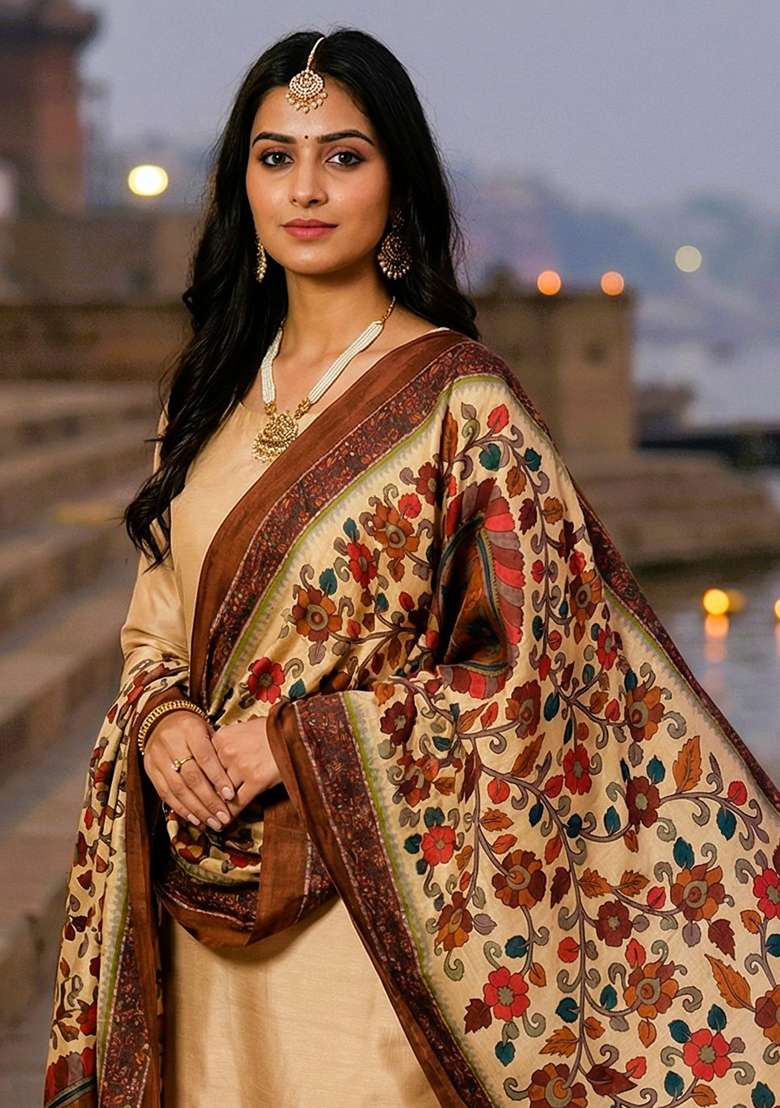 Multi Color Digital Print Silk Dupatta - Indya