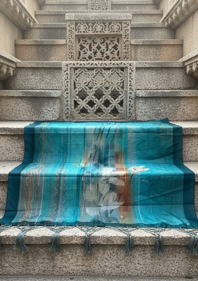 Multi Color Digital Print Silk Dupatta - Indya