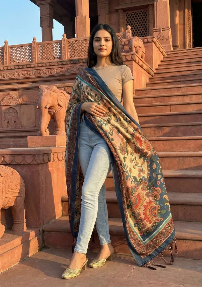 Multi Color Digital Print Silk Dupatta - Indya