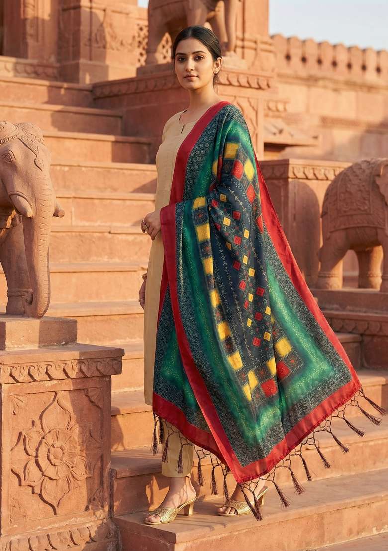 Multi Color Digital Print Silk Dupatta - Indya