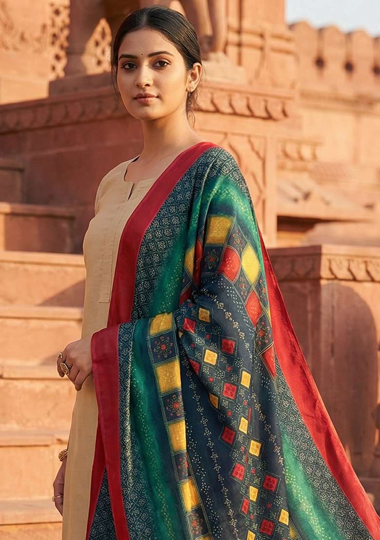 Multi Color Digital Print Silk Dupatta - Indya