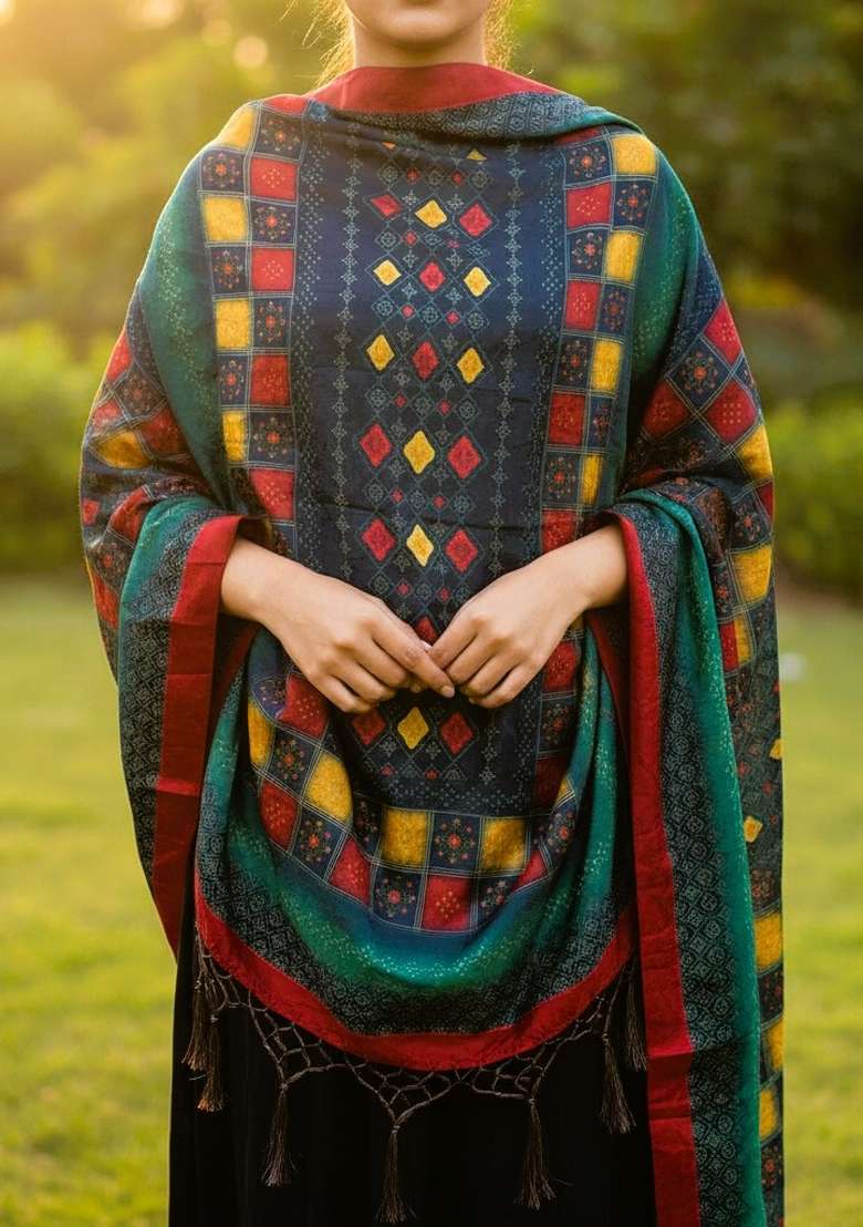 Multi Color Digital Print Silk Dupatta - Indya