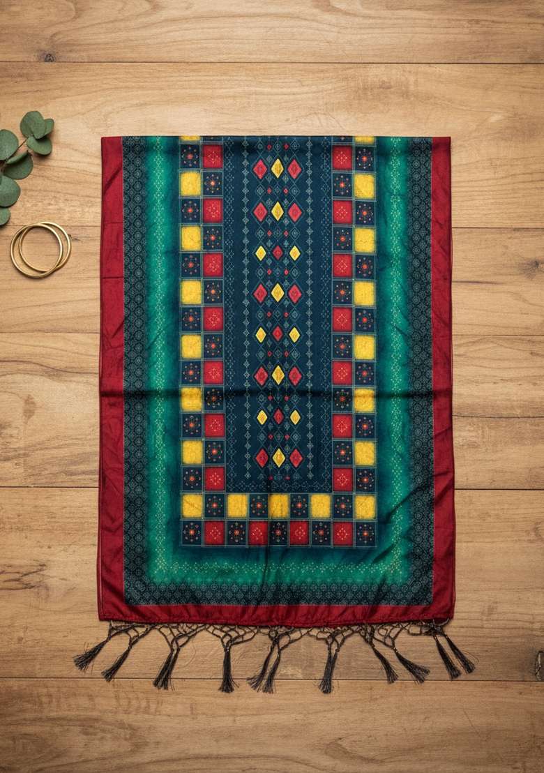 Multi Color Digital Print Silk Dupatta - Indya