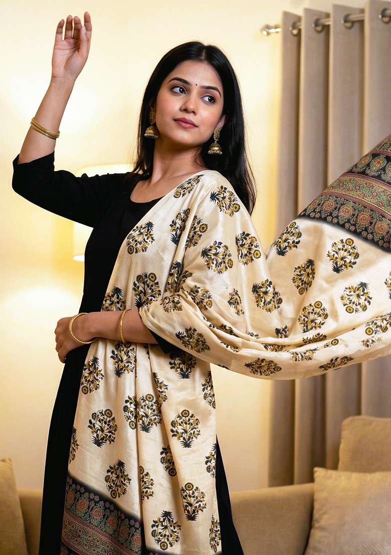 Black Digital Print Silk Dupatta - Indya