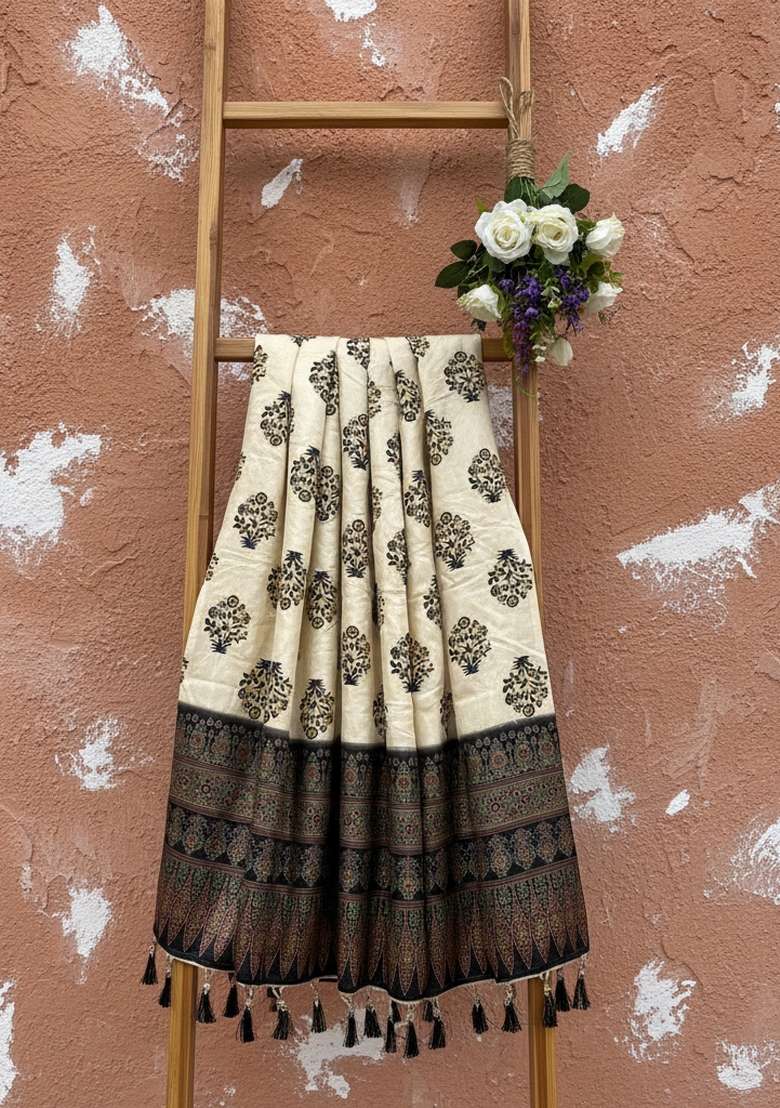 Black Digital Print Silk Dupatta - Indya