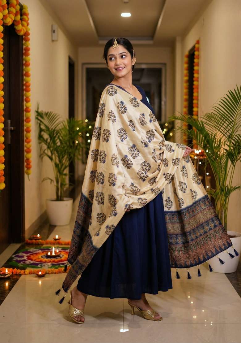 Blue Digital Print Silk Dupatta - Indya