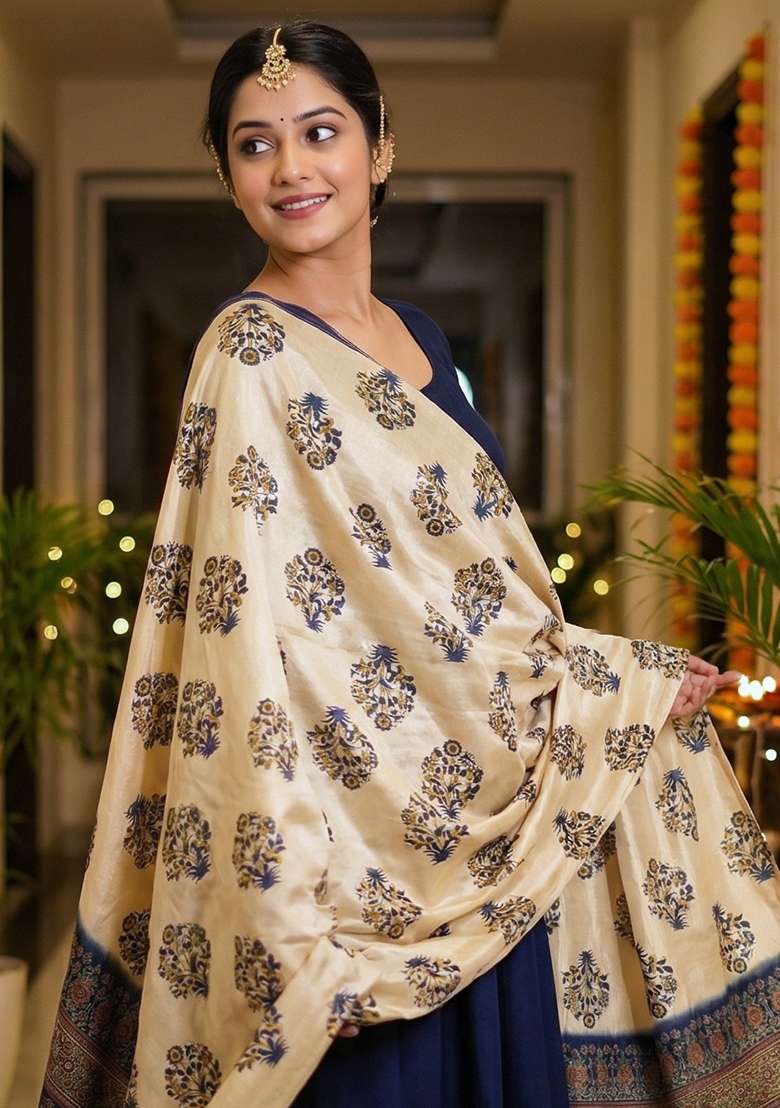 Blue Digital Print Silk Dupatta - Indya