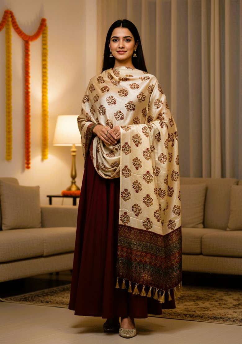 Maroon Digital Print Silk Dupatta - Indya
