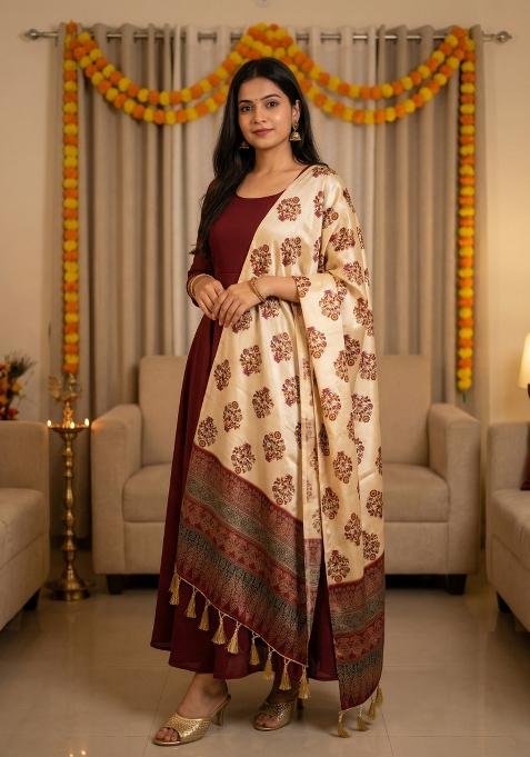 Maroon Digital Print Silk Dupatta