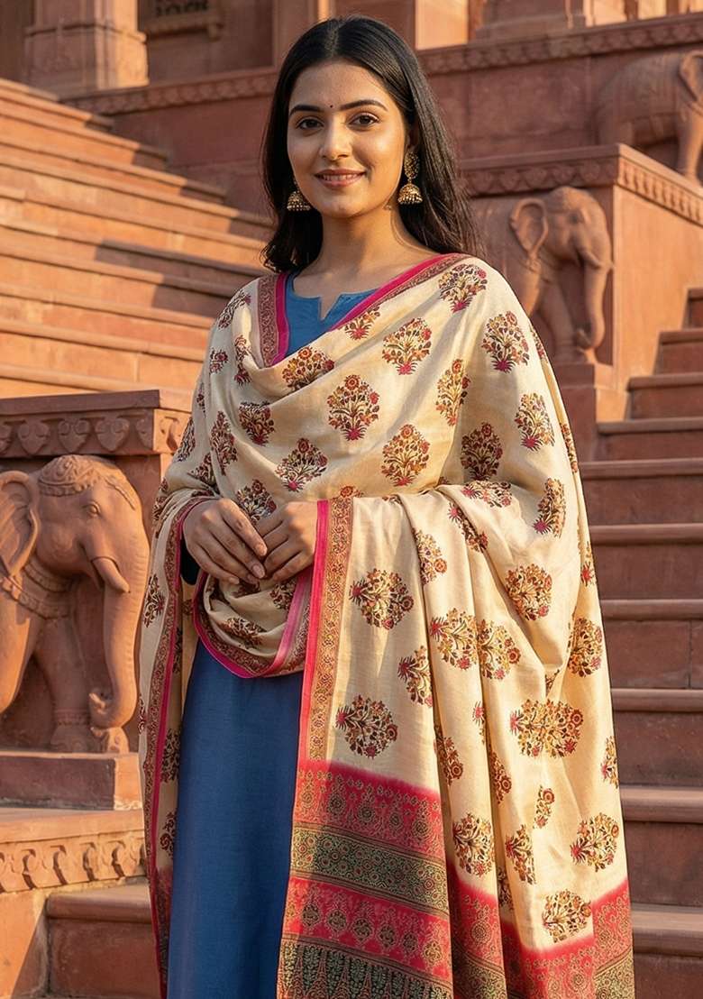 Pink Digital Print Silk Dupatta - Indya