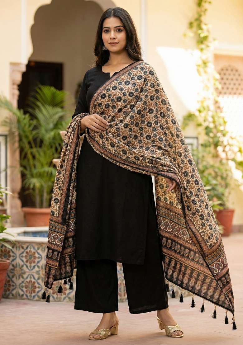 Black Digital Print Silk Dupatta - Indya