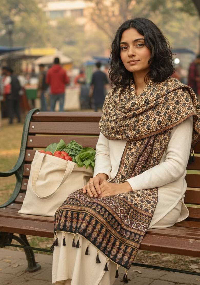 Black Digital Print Silk Dupatta - Indya