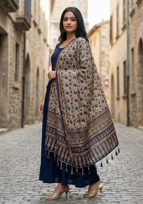 Blue Digital Print Silk Dupatta