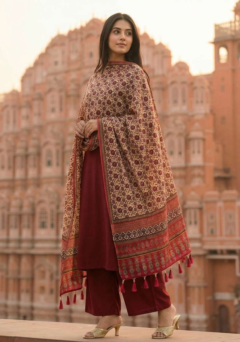 Red Digital Print Silk Dupatta - Indya