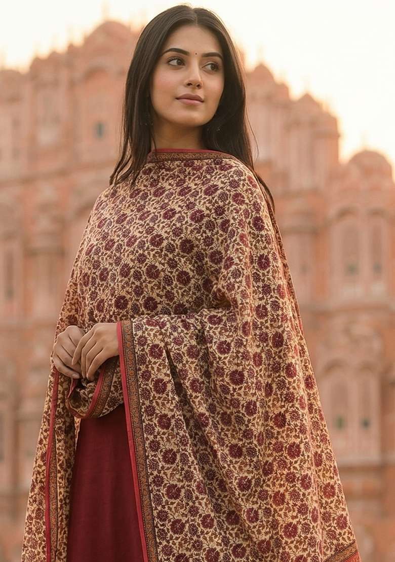 Red Digital Print Silk Dupatta - Indya