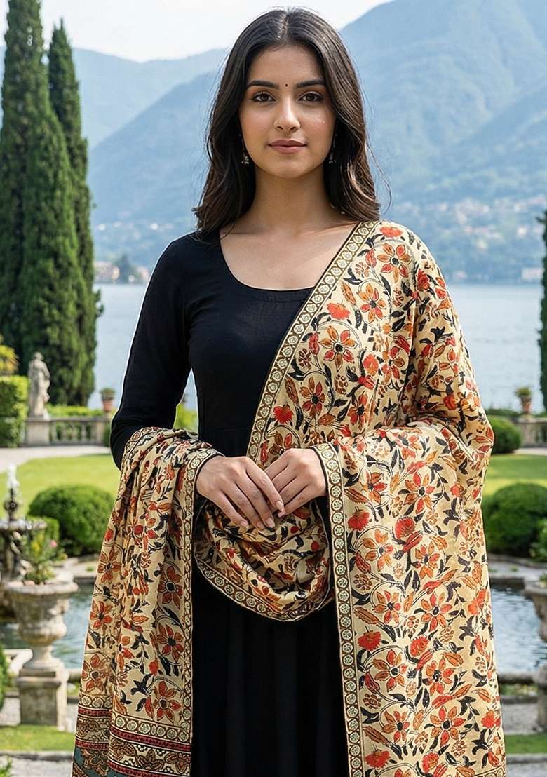 Black Digital Print Silk Dupatta - Indya