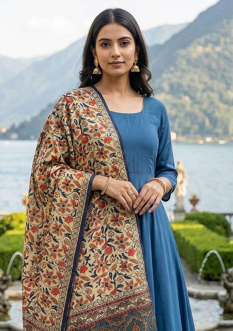 Blue Digital Print Silk Dupatta - Indya