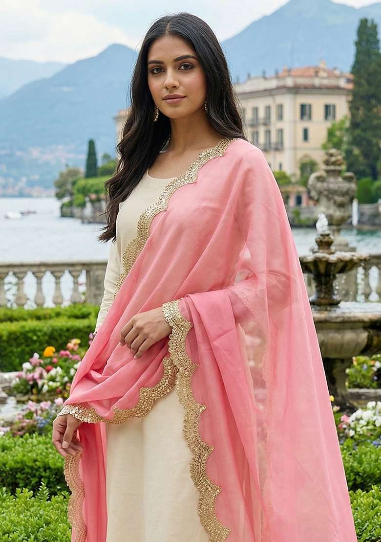Pink Digital Print Organza Dupatta - Indya