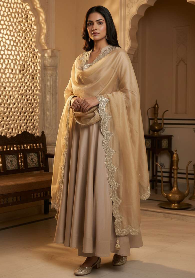 Gold Digital Print Organza Dupatta - Indya