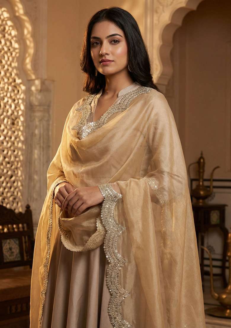 Gold Digital Print Organza Dupatta - Indya