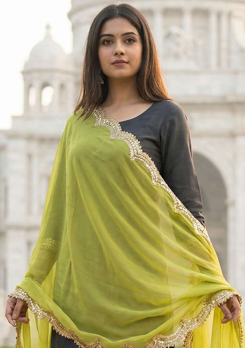 Green Digital Print Organza Dupatta - Indya