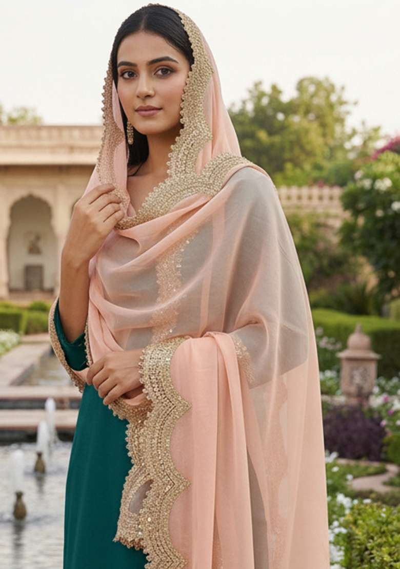 Peach Digital Print Organza Dupatta - Indya