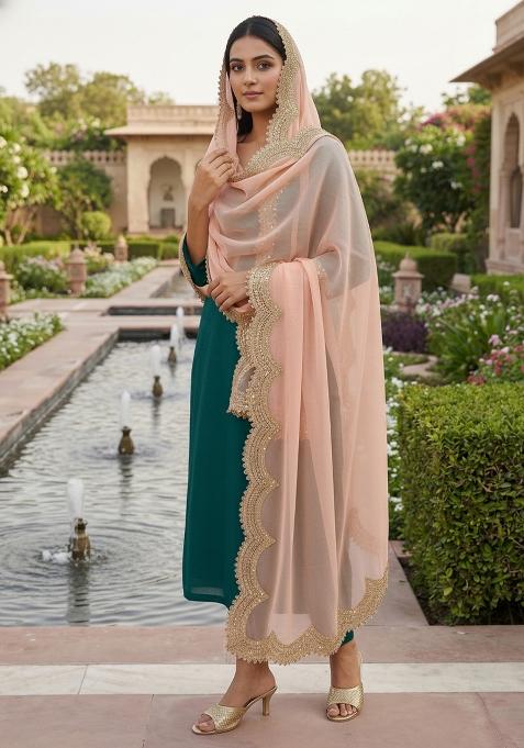 Peach Digital Print Organza Dupatta