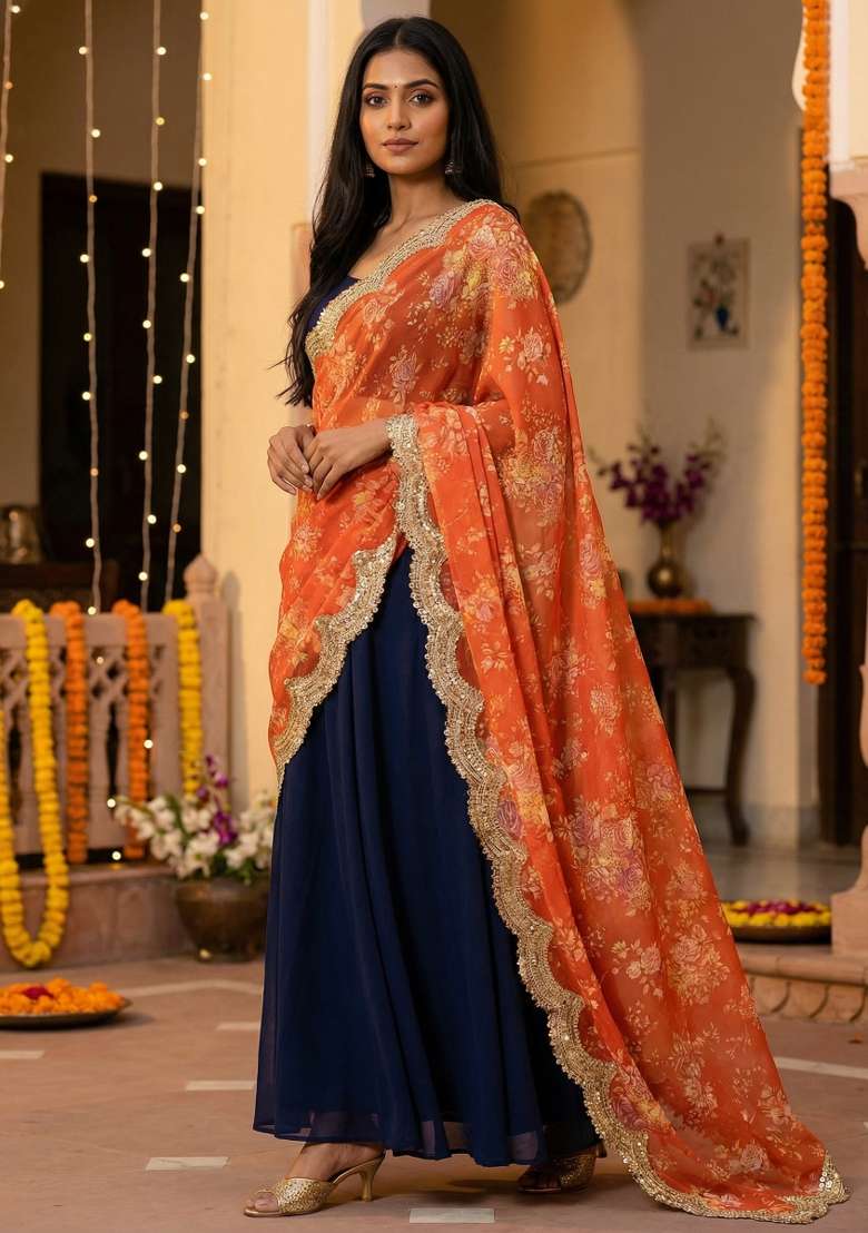 Orange Digital Print Organza Dupatta - Indya