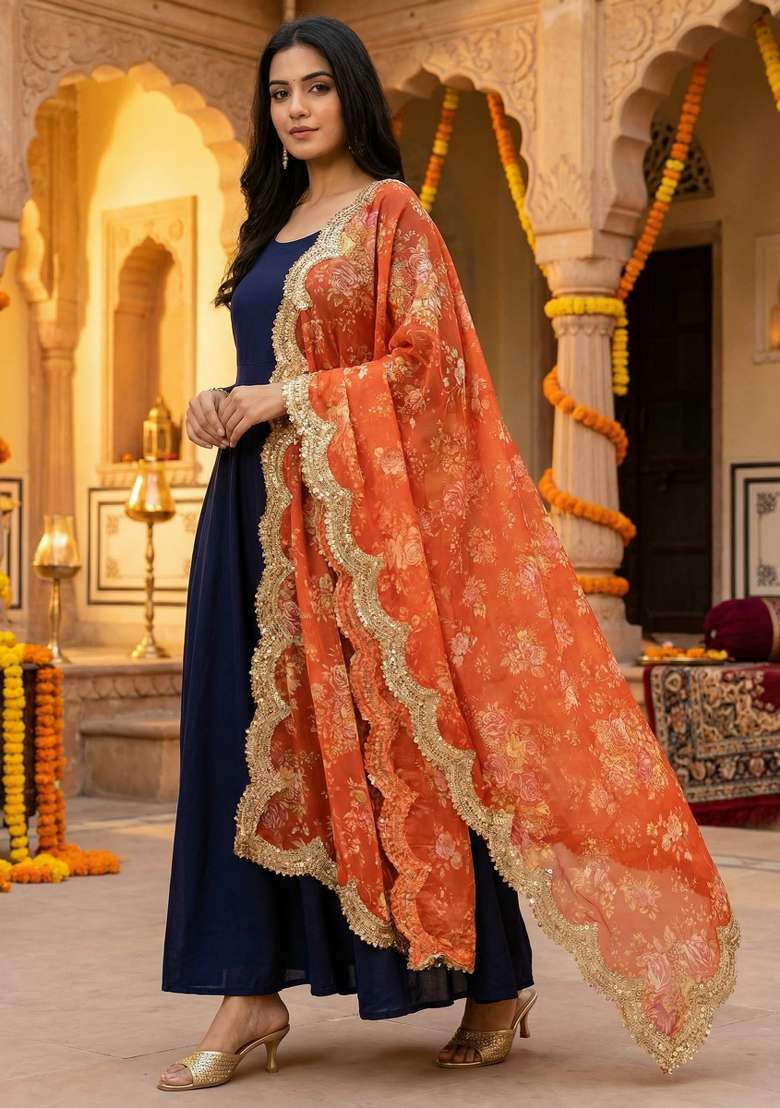Orange Digital Print Organza Dupatta - Indya