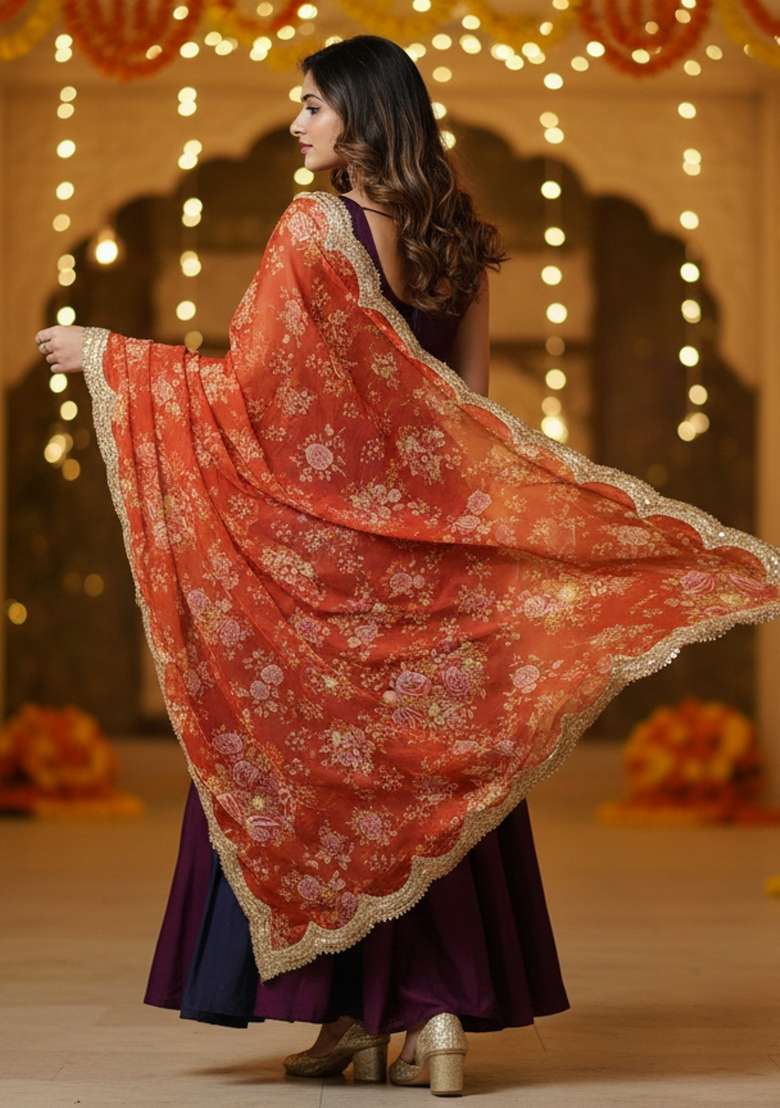 Orange Digital Print Organza Dupatta - Indya