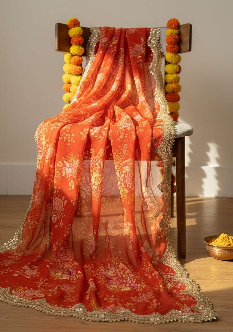 Orange Digital Print Organza Dupatta - Indya