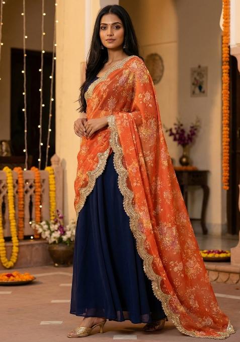 Orange Digital Print Organza Dupatta