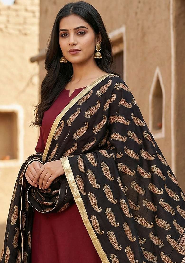 Black Digital Print Cotton Dupatta - Indya