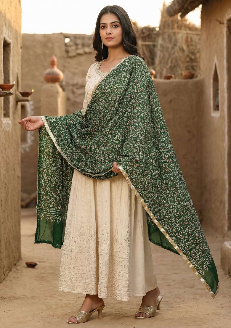Green Digital Print Cotton Dupatta - Indya