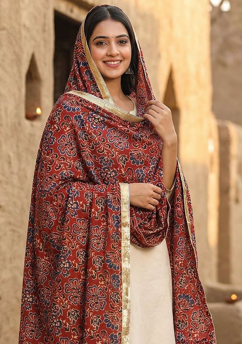 Maroon Digital Print Cotton Dupatta - Indya