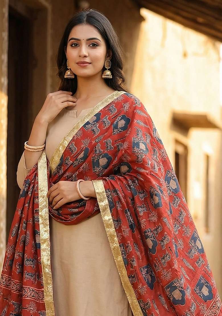 Red Digital Print Cotton Dupatta - Indya