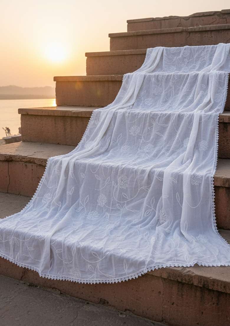 White Digital Print Georgette Dupatta - Indya