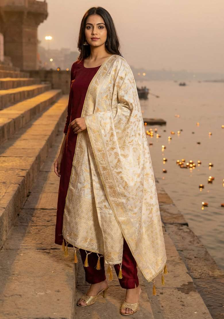 Cream Digital Print Blended Dupatta - Indya