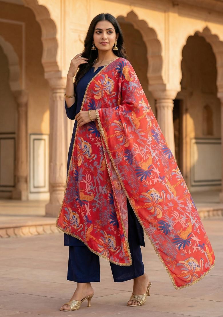 Red Printed Georgette Dupatta - Indya