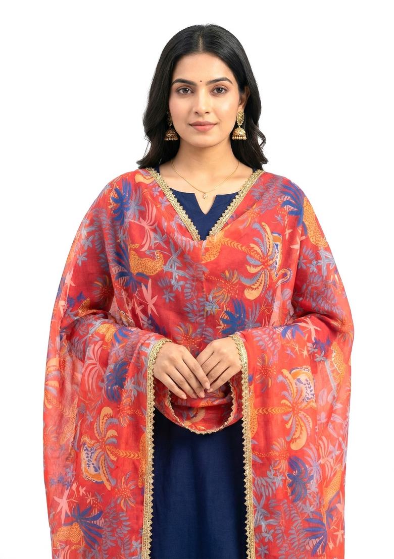 Red Printed Georgette Dupatta - Indya