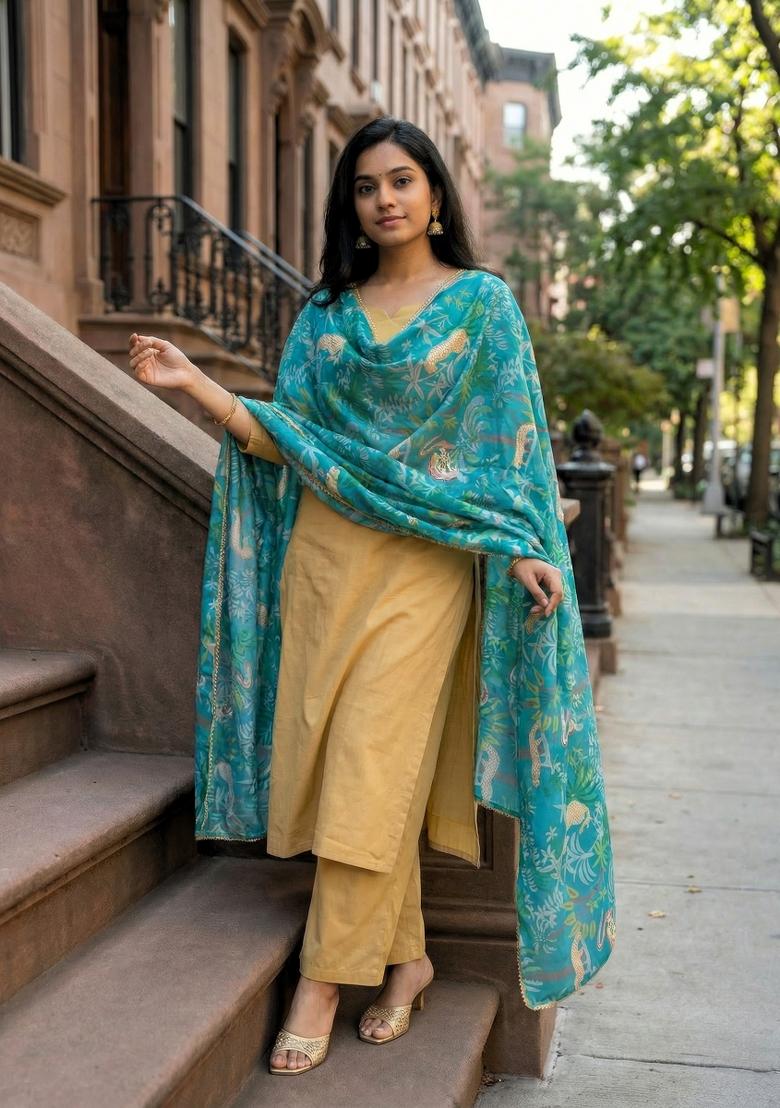 Firozi Printed Georgette Dupatta - Indya