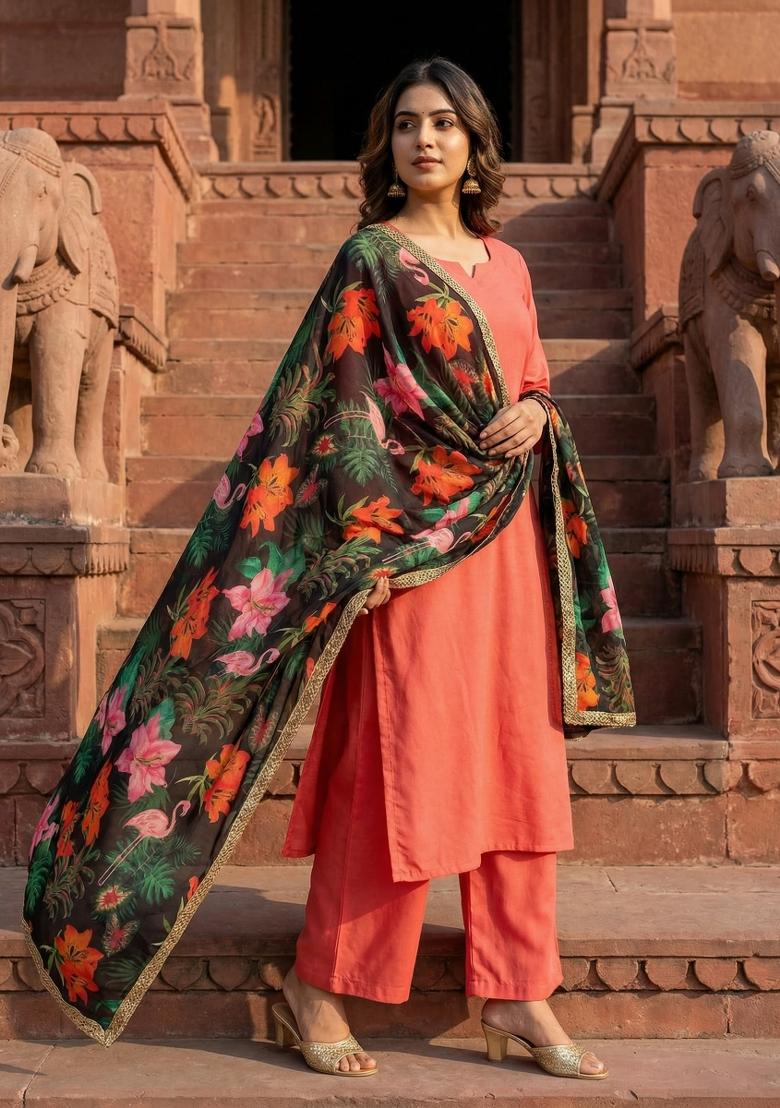 Black Printed Georgette Dupatta - Indya