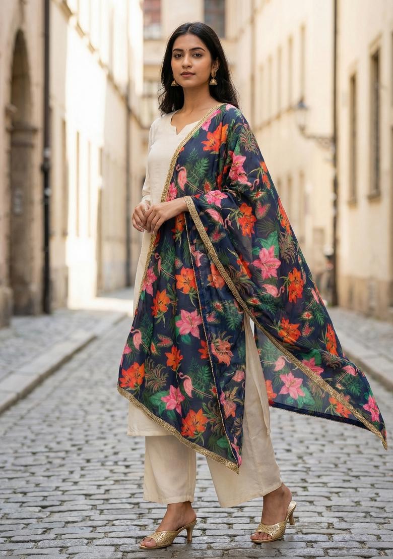 Blue Printed Georgette Dupatta - Indya