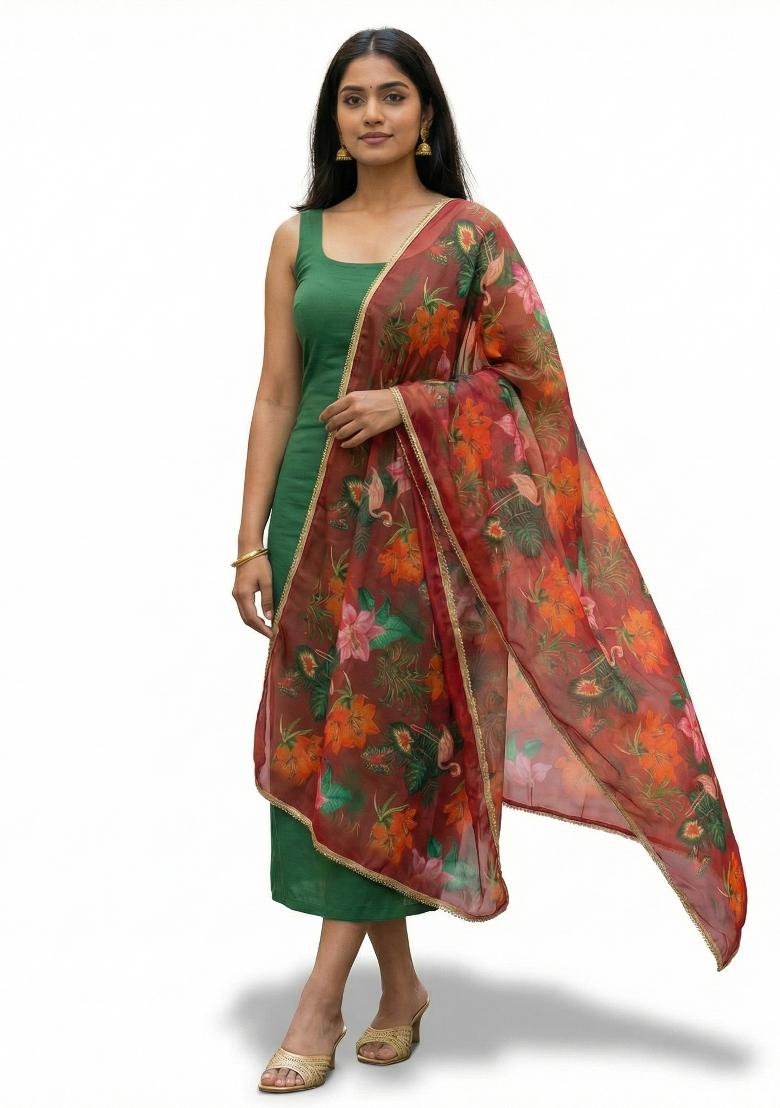 Maroon Printed Georgette Dupatta - Indya
