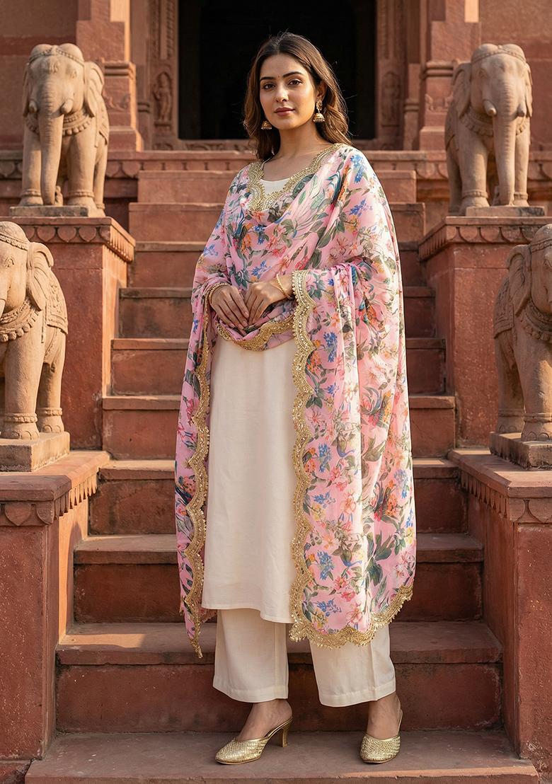 Baby Pink Printed Georgette Dupatta - Indya