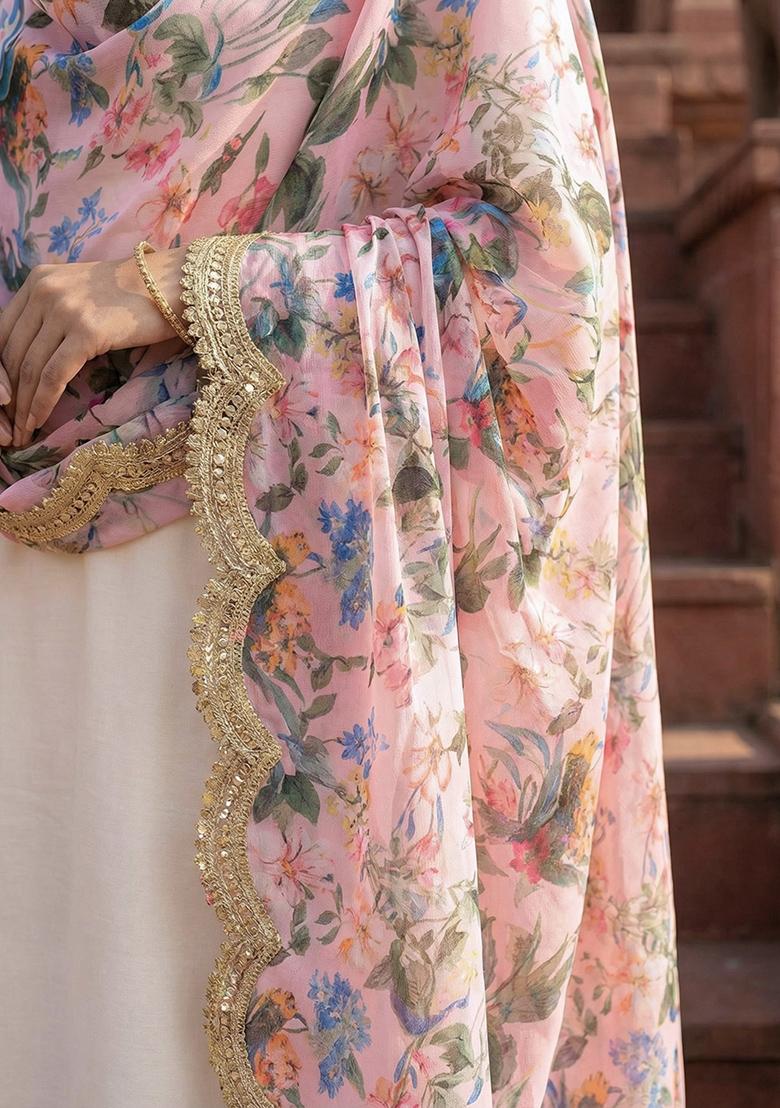 Baby Pink Printed Georgette Dupatta - Indya