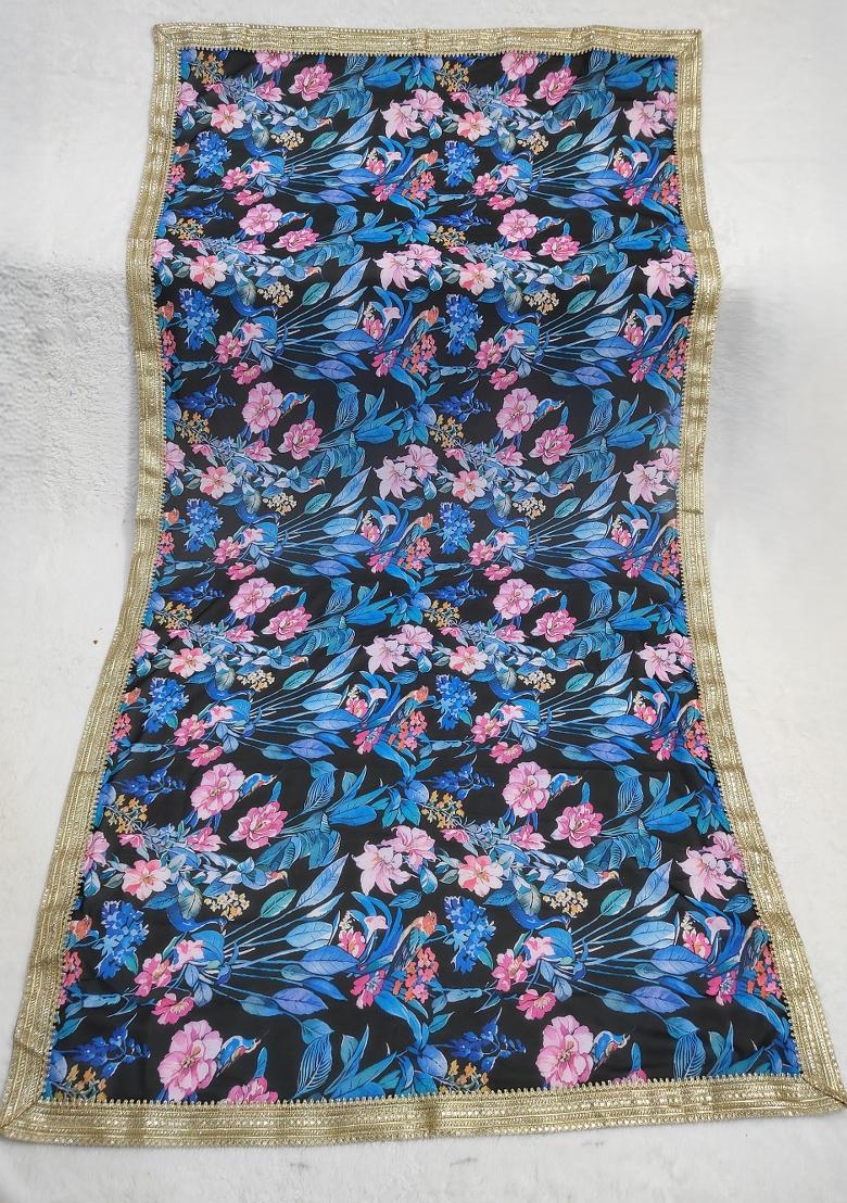 Black Printed Georgette Dupatta - Indya