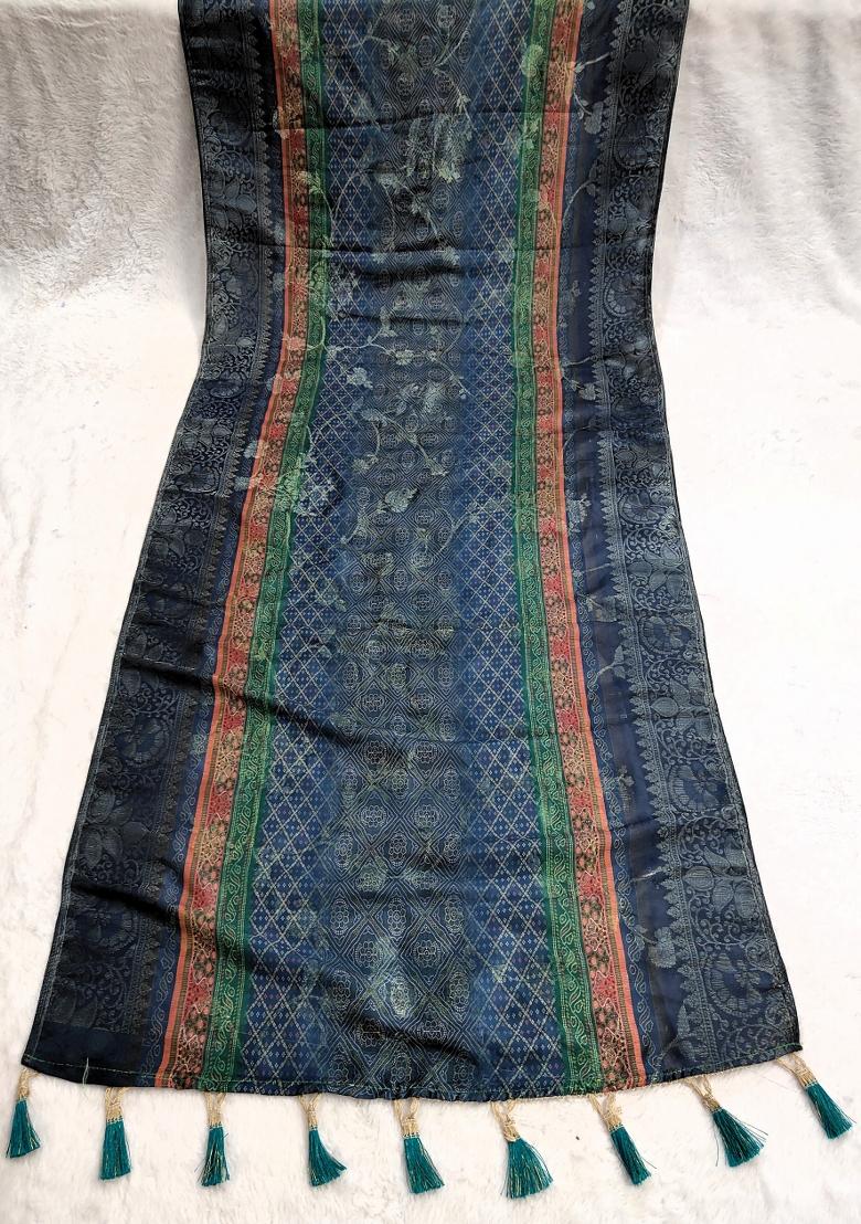 Blue Printed Jacquard Dupatta - Indya